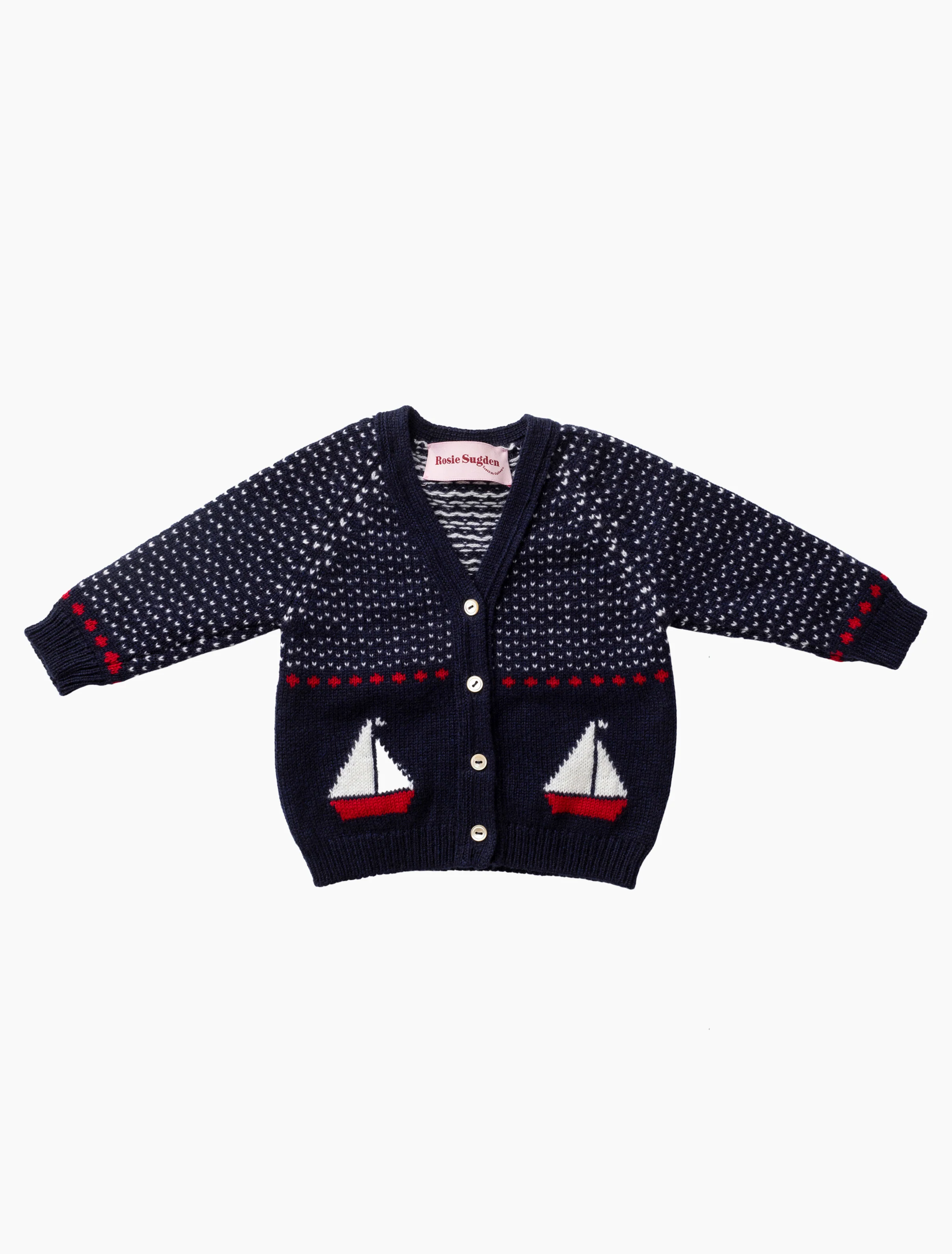 Cashmere Boat Motif Cardigan in Blackberry/Swan White