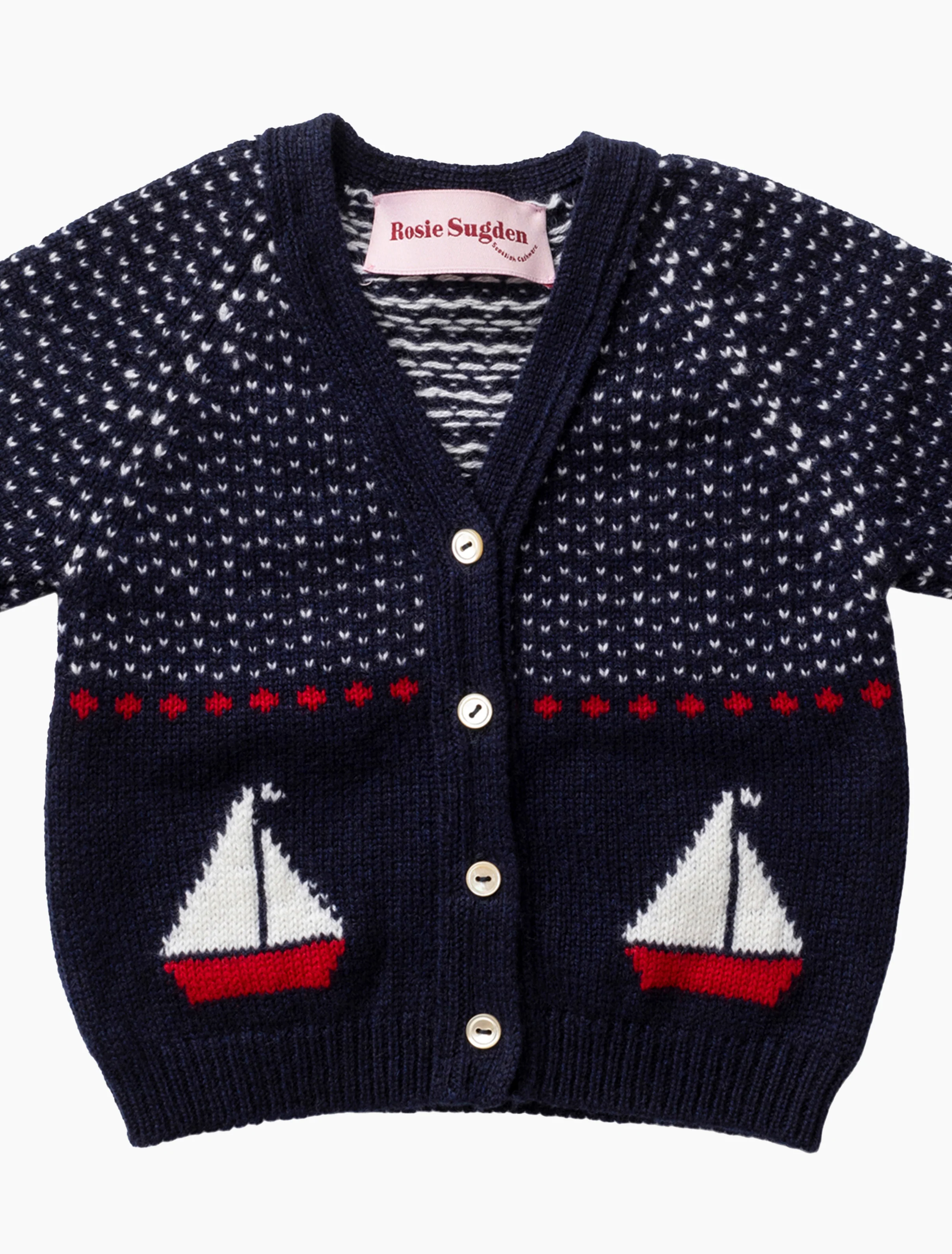 Cashmere Boat Motif Cardigan in Blackberry/Swan White - Image 4