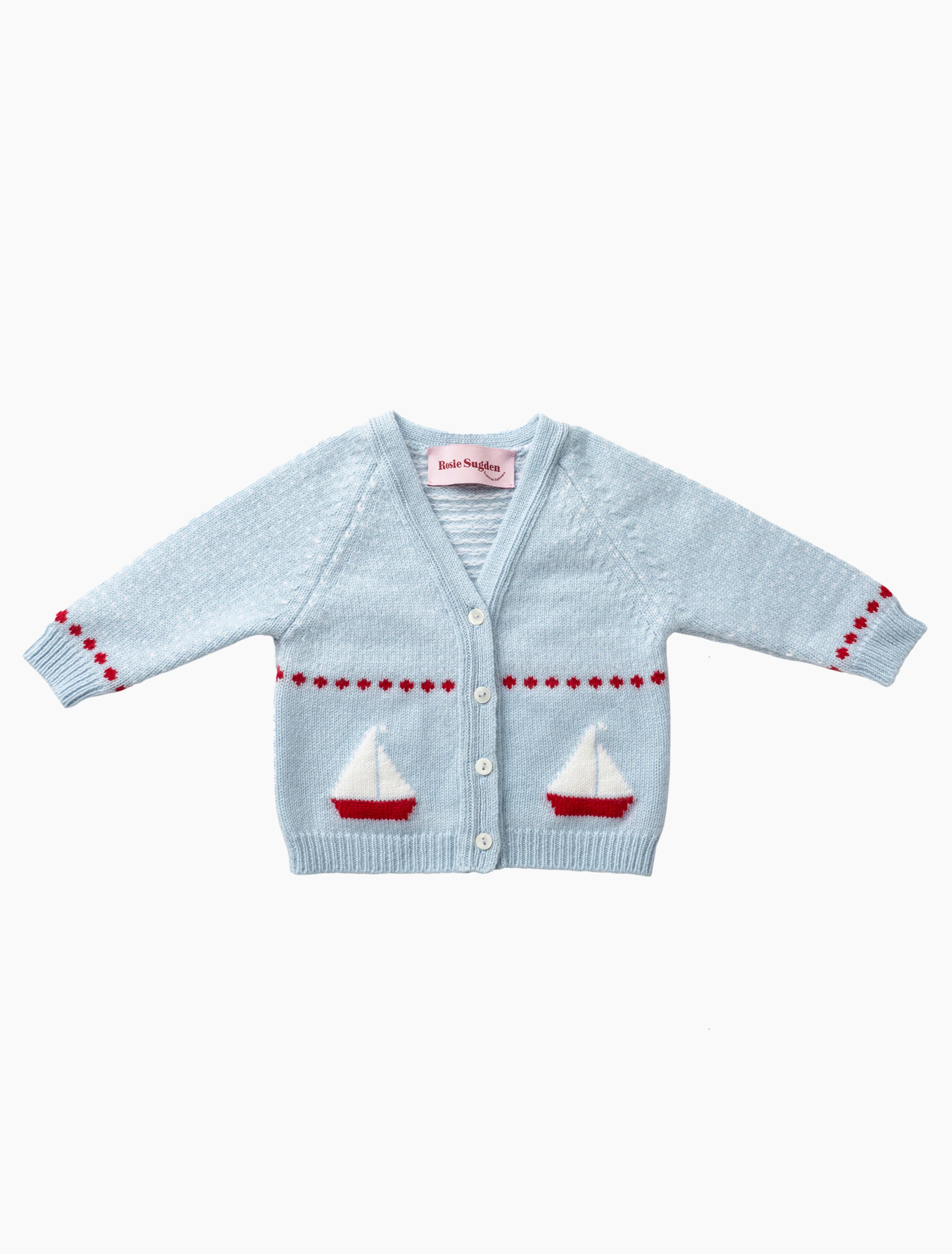 Cashmere Boat Motif Cardigan in Spa Blue/Swan White