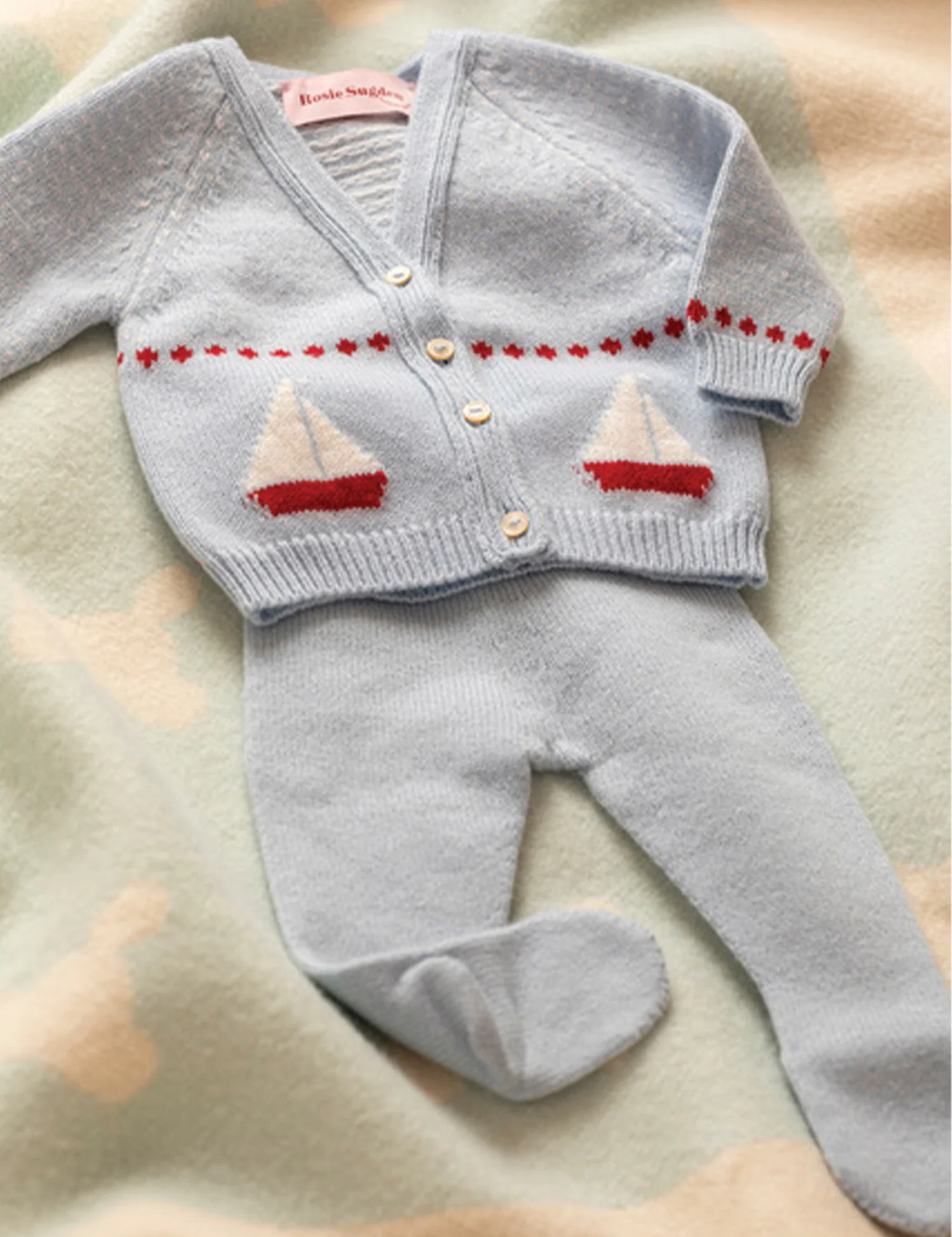 Cashmere Boat Motif Cardigan in Spa Blue/Swan White - Image 2
