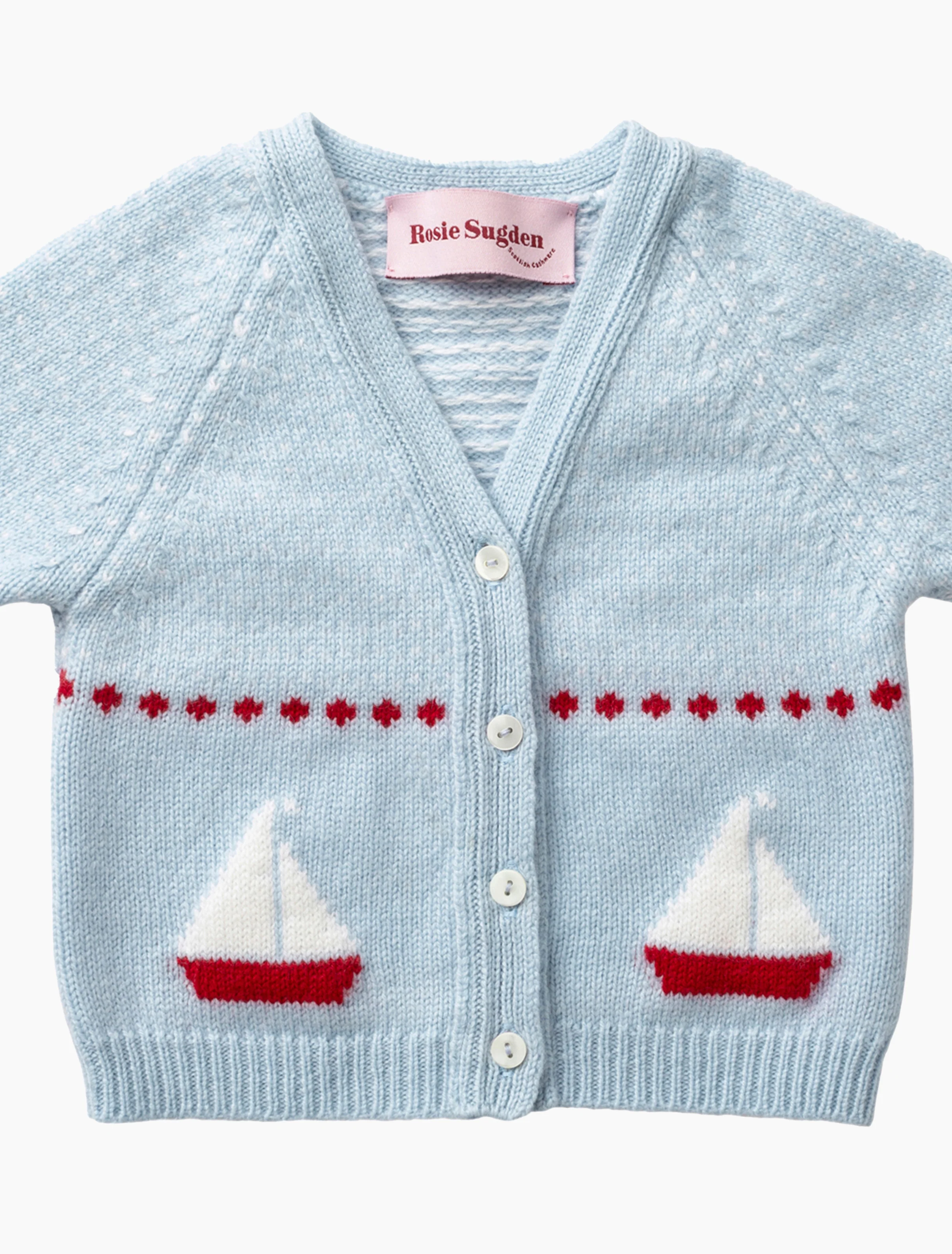 Cashmere Boat Motif Cardigan in Spa Blue/Swan White - Image 4