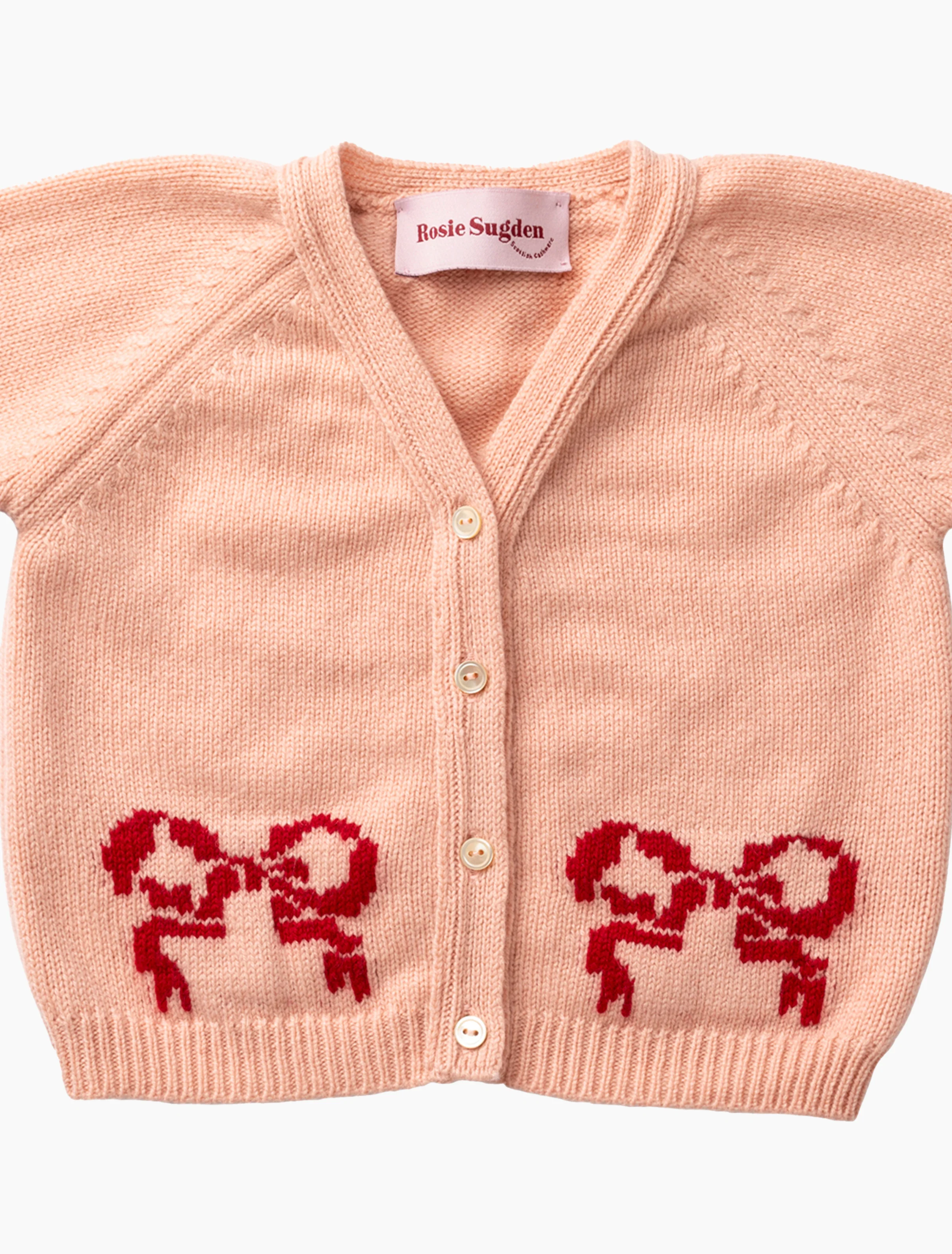 Cashmere Bow Motif Cardigan in Coral/Chianti Bows - Image 4