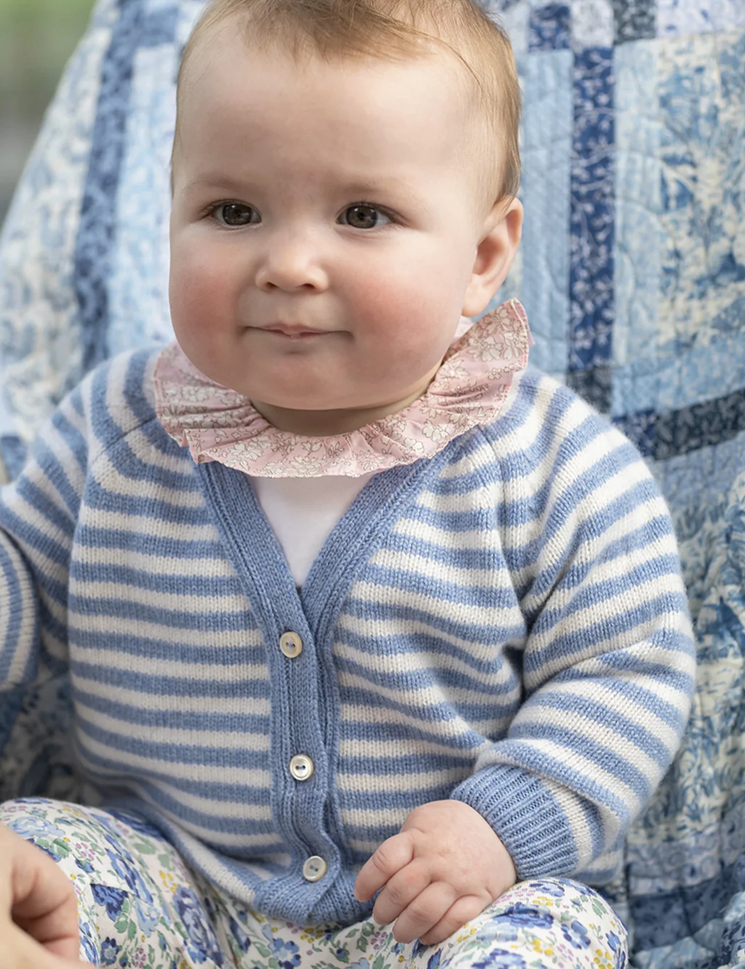 Cashmere Striped Cardigan in Glacier/Swan White Stripes - Image 3