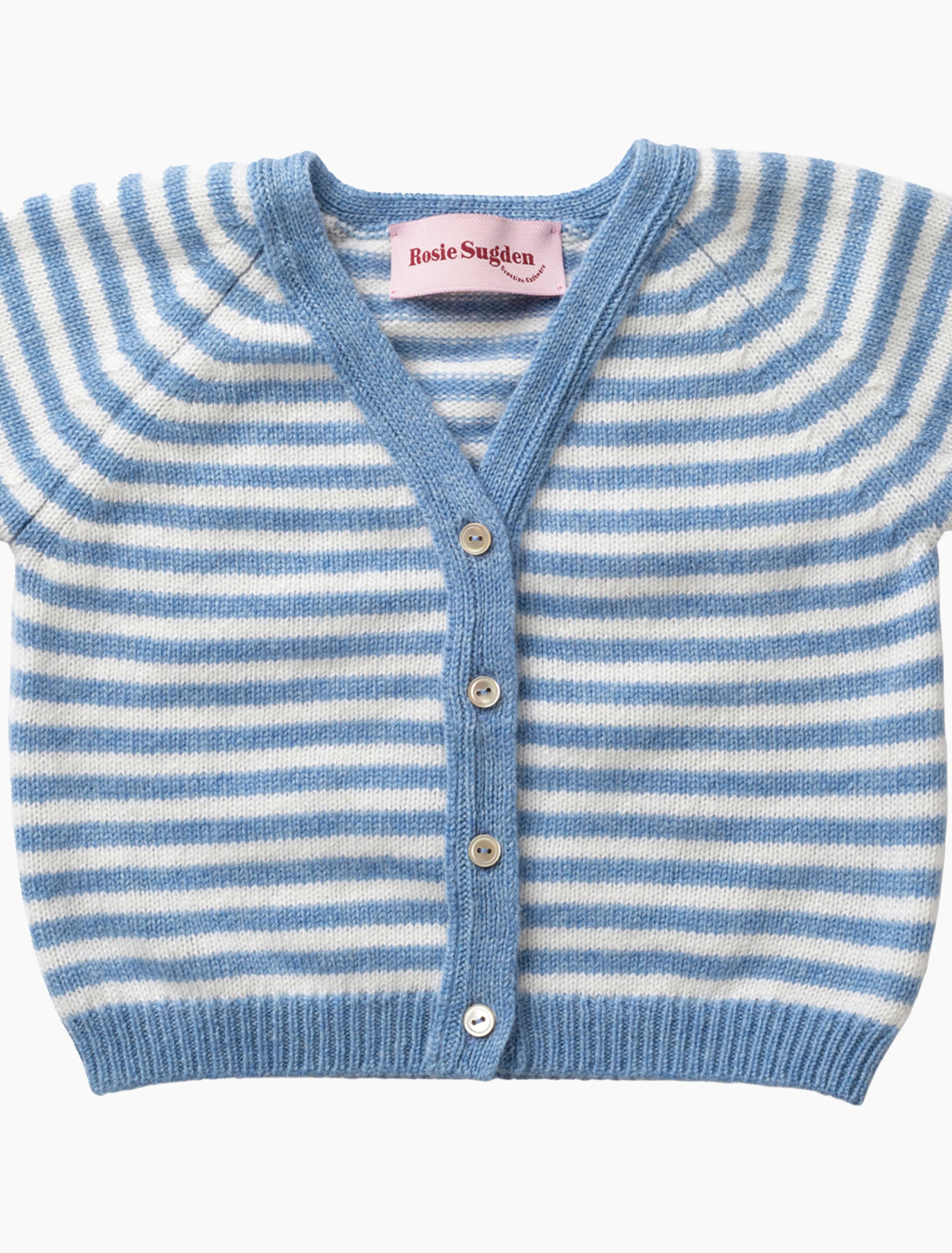 Cashmere Striped Cardigan in Glacier/Swan White Stripes - Image 4