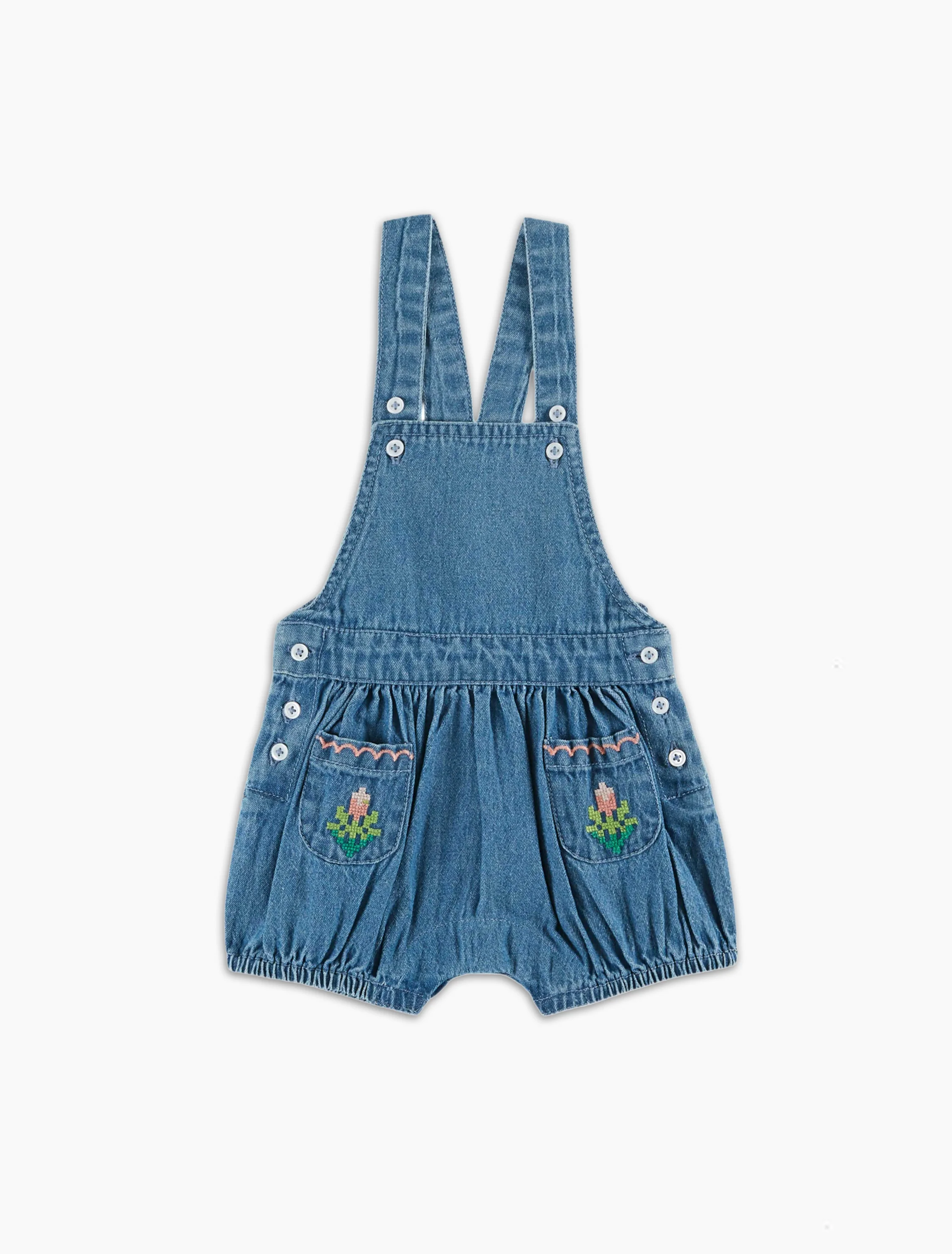 Denim Flower Short Overalls in Denim Light