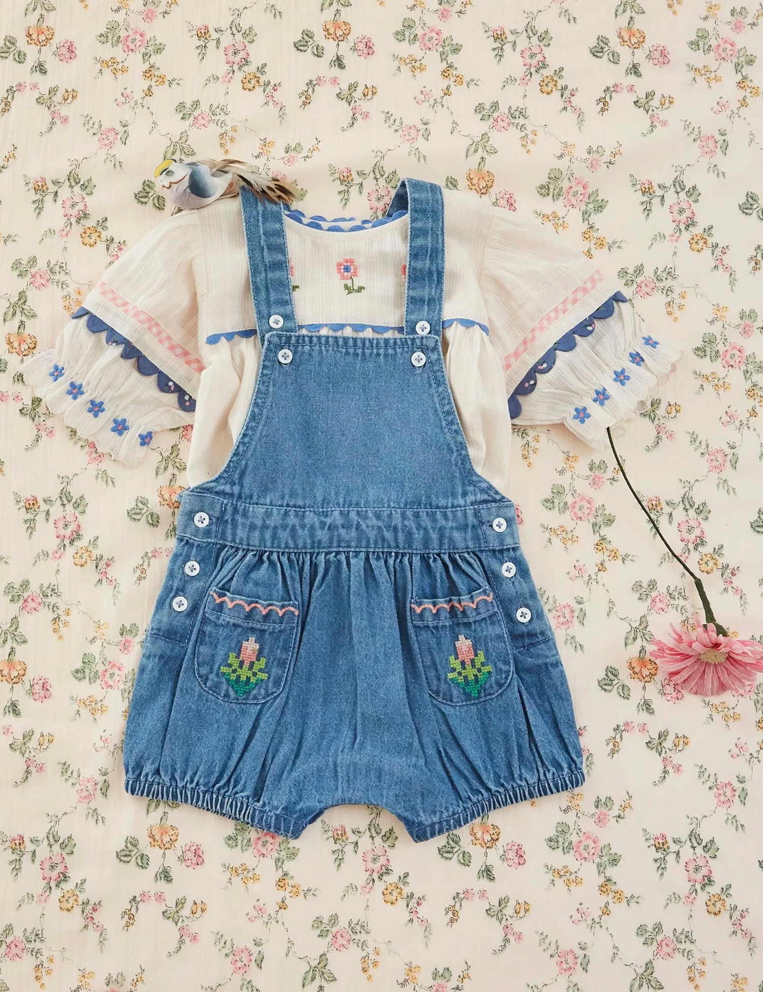 Denim Flower Short Overalls in Denim Light - Image 2