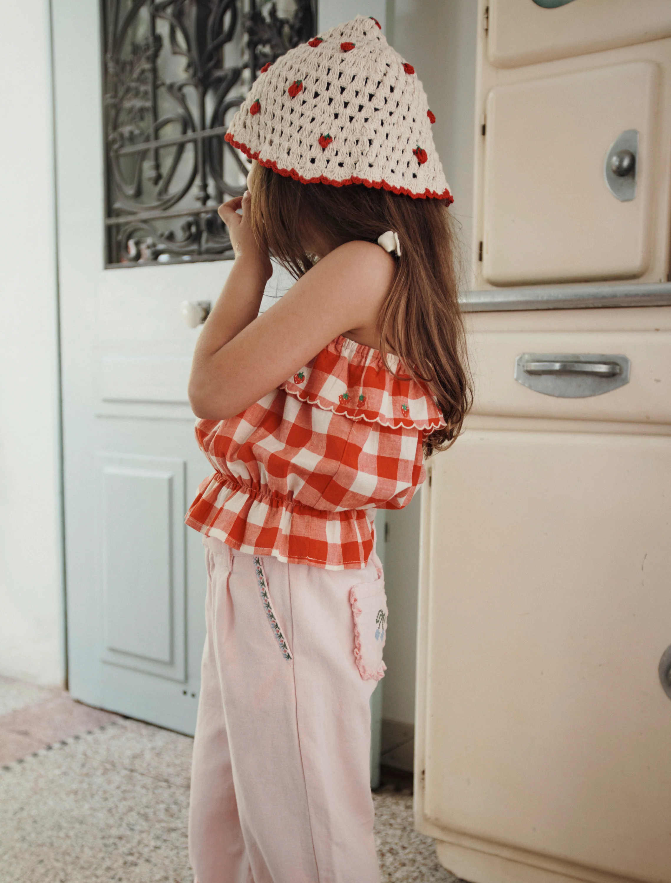 Embroidered Checked Top in Vichy Rouge - Image 3