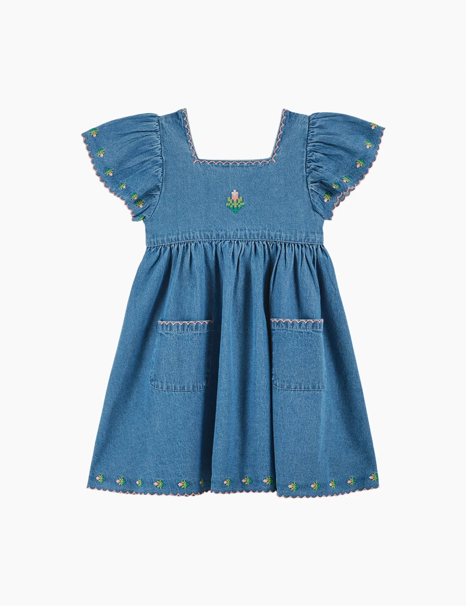 Embroidered Denim Dress in Light Denim