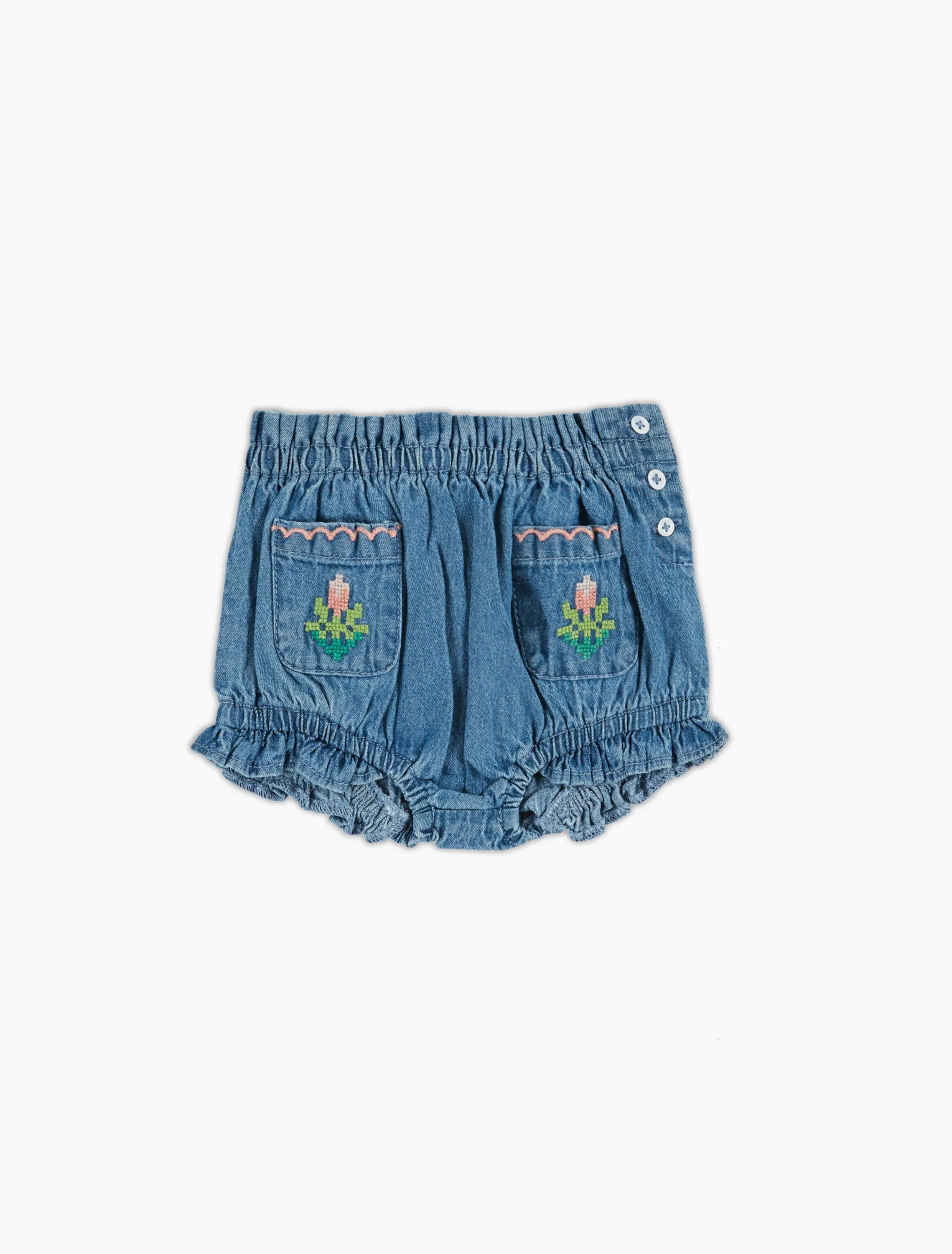 Embroidered Flower Bloomer in Denim Light