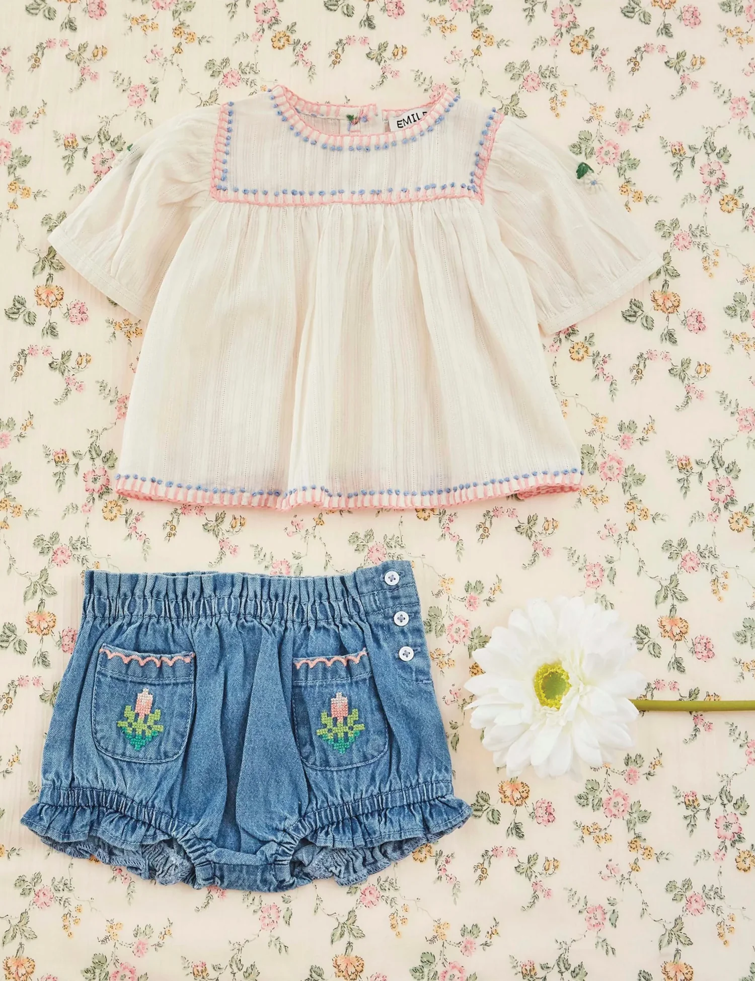 Embroidered Flower Bloomer in Denim Light - Image 2
