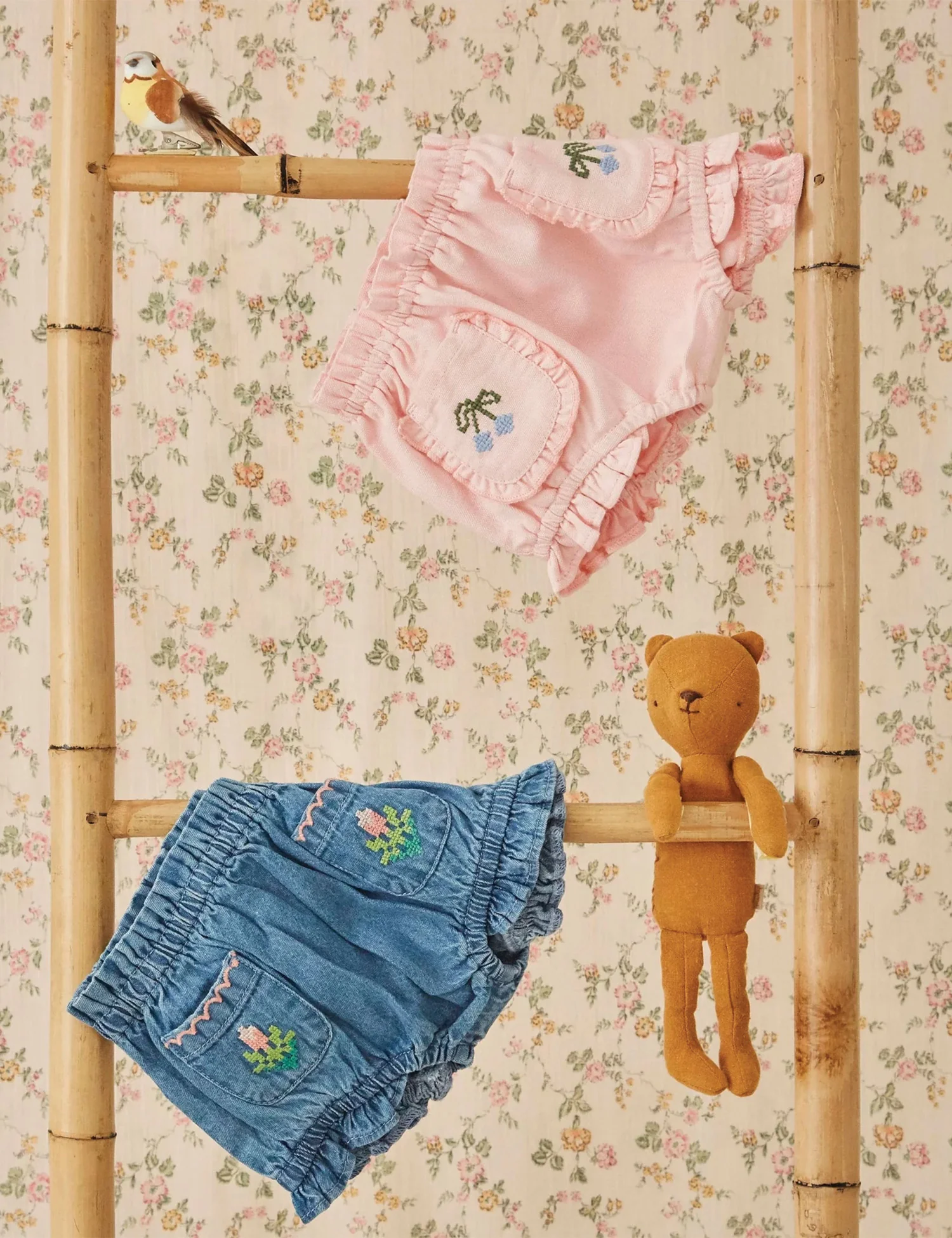 Embroidered Flower Bloomer in Denim Light - Image 3