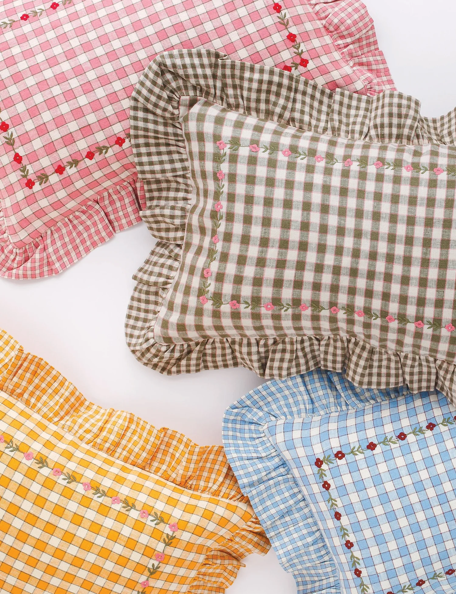 Gingham Frill Embroidered Cushion in Peony - Image 3