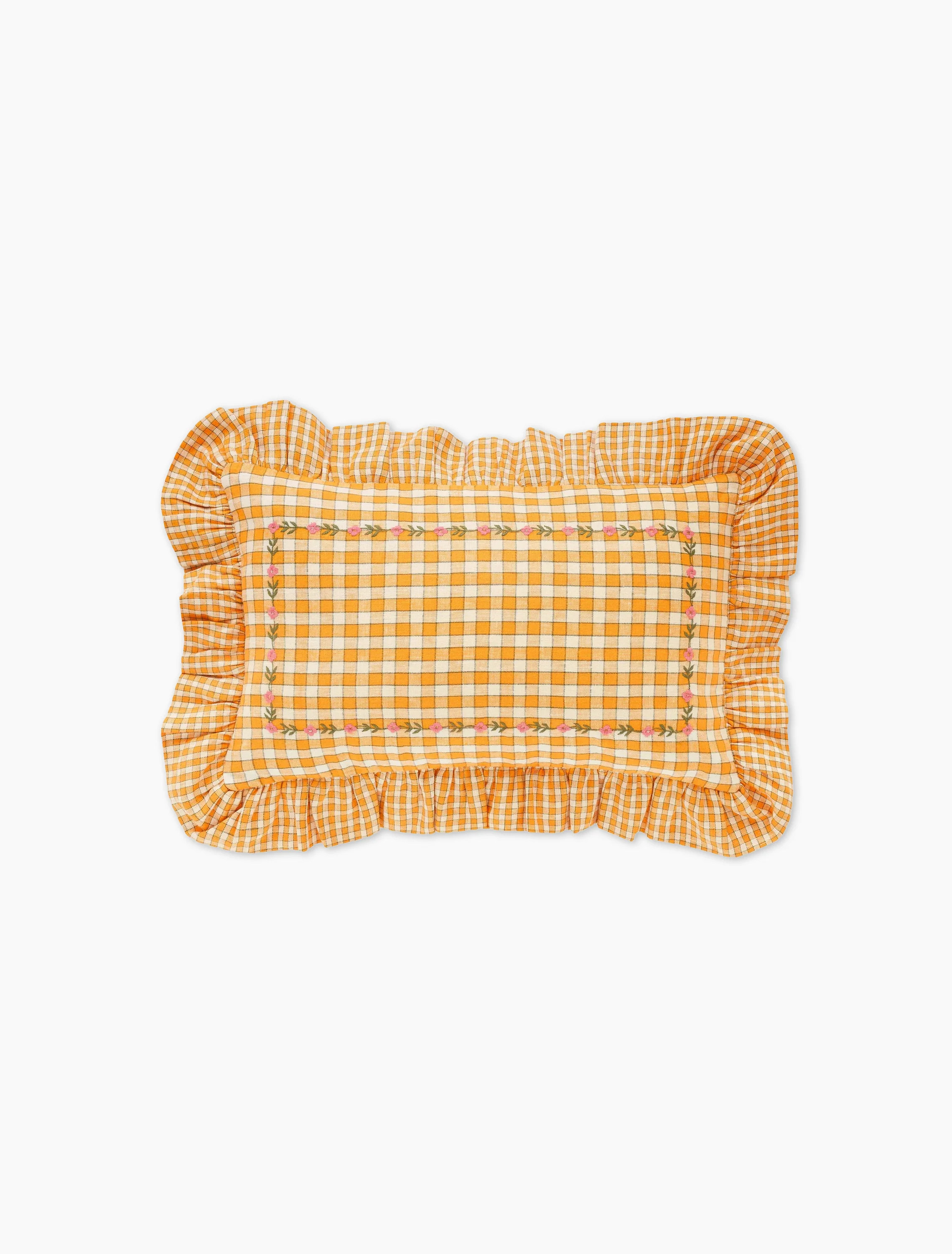 Gingham Frill Embroidered Cusion in Apricot