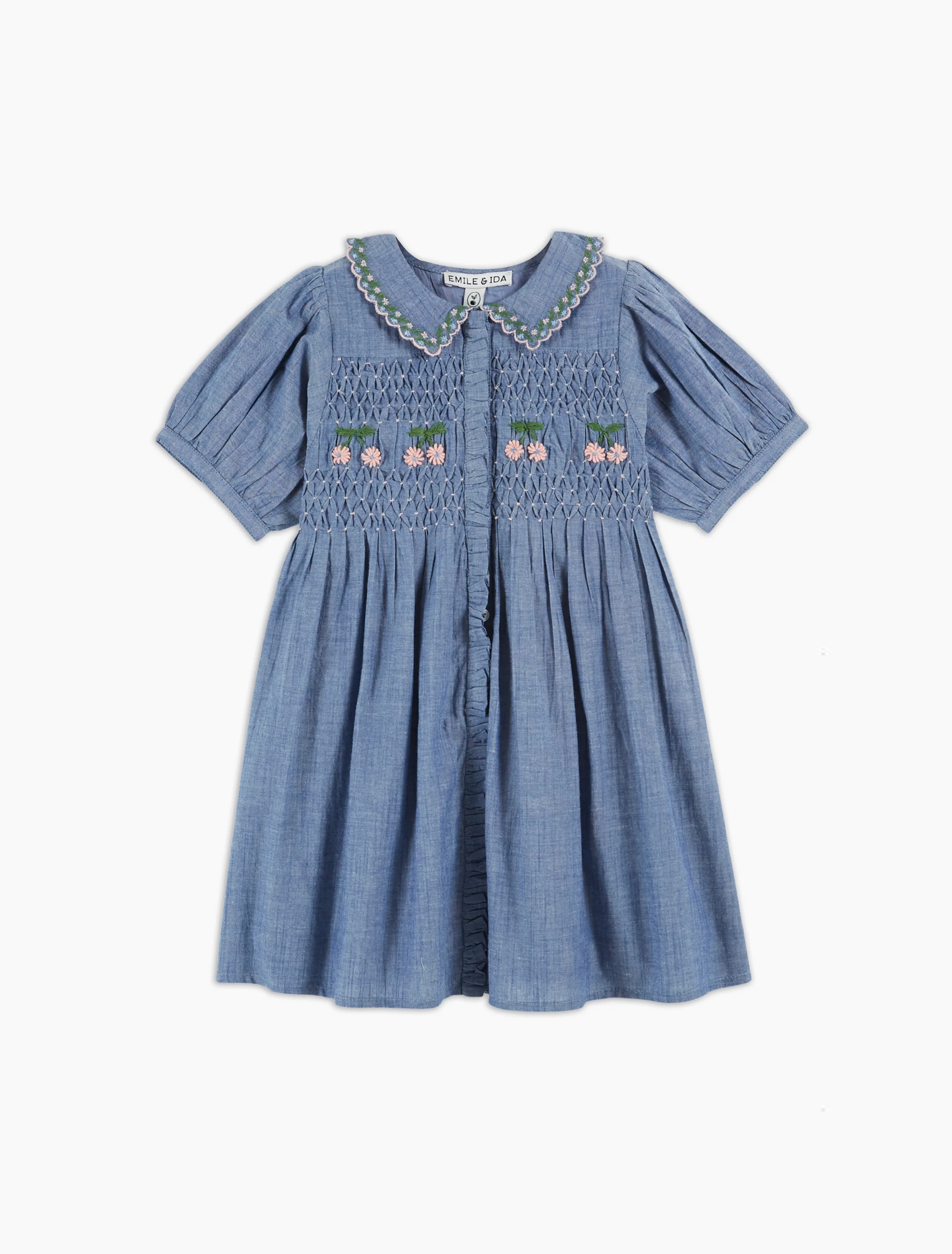 Hand-Embroidered Smocked Dress in Chambray