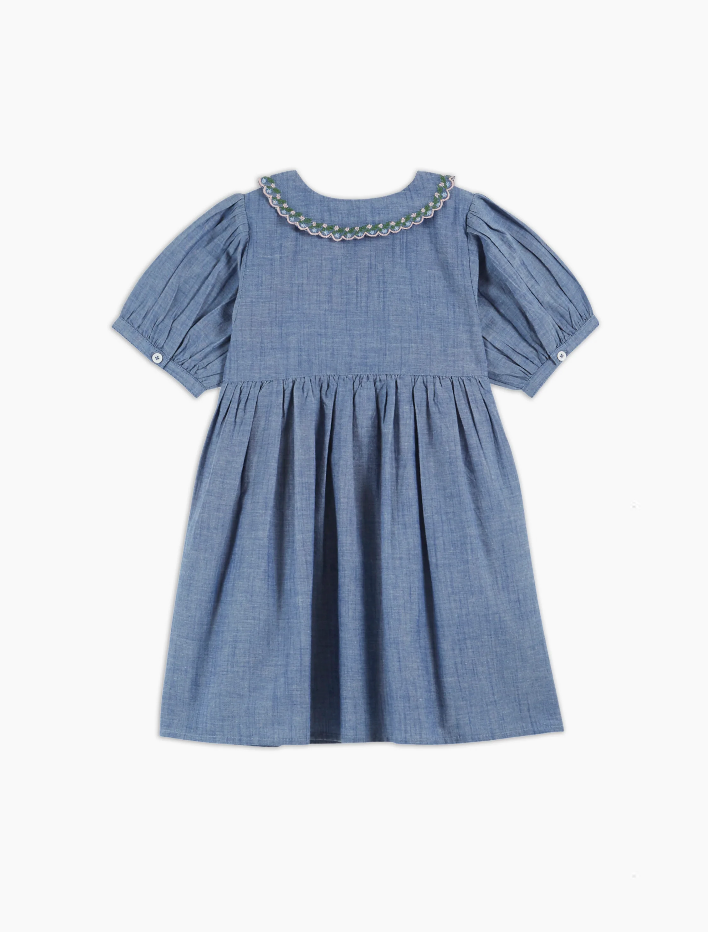 Hand-Embroidered Smocked Dress in Chambray - Image 4