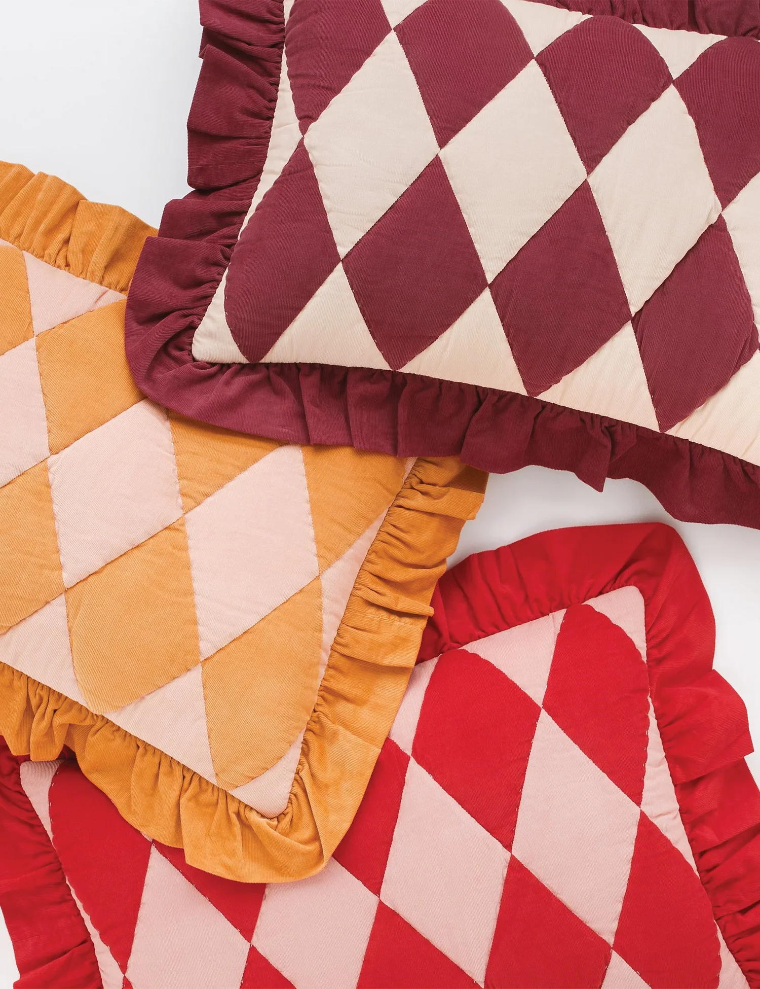 Harlequin Patchwork Cord Cushion in Claret/Cream - Image 3