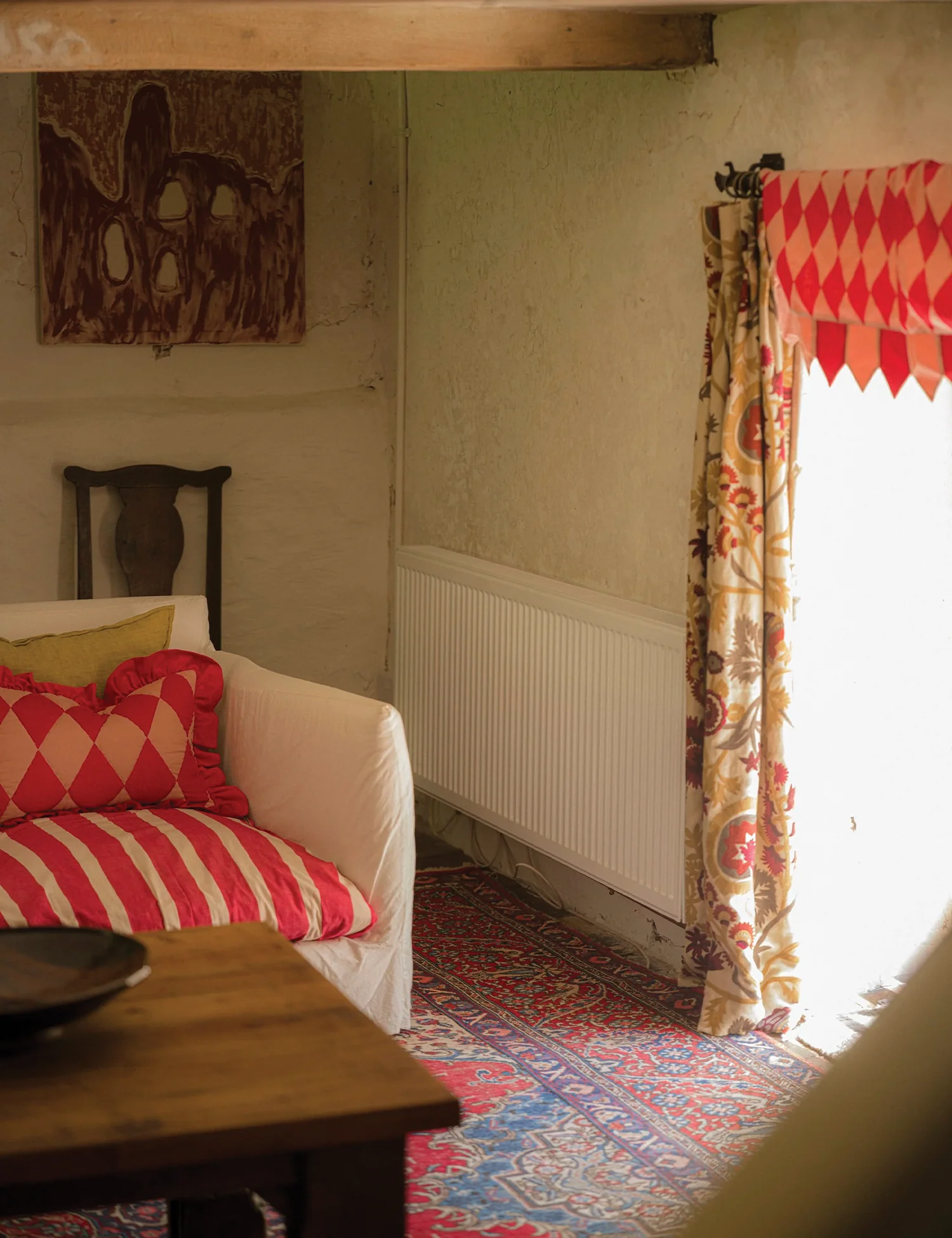 Harlequin Patchwork Cord Cushion in Claret/Cream - Image 4