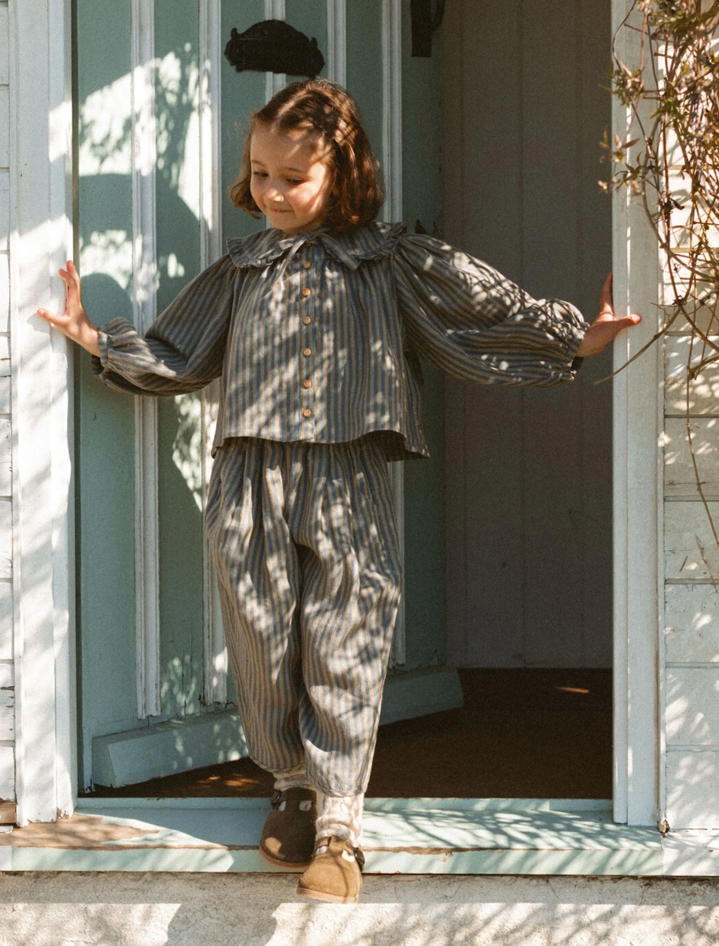 Kit Trousers in Stonewash Blue & Butter Stripe Linen - Image 5