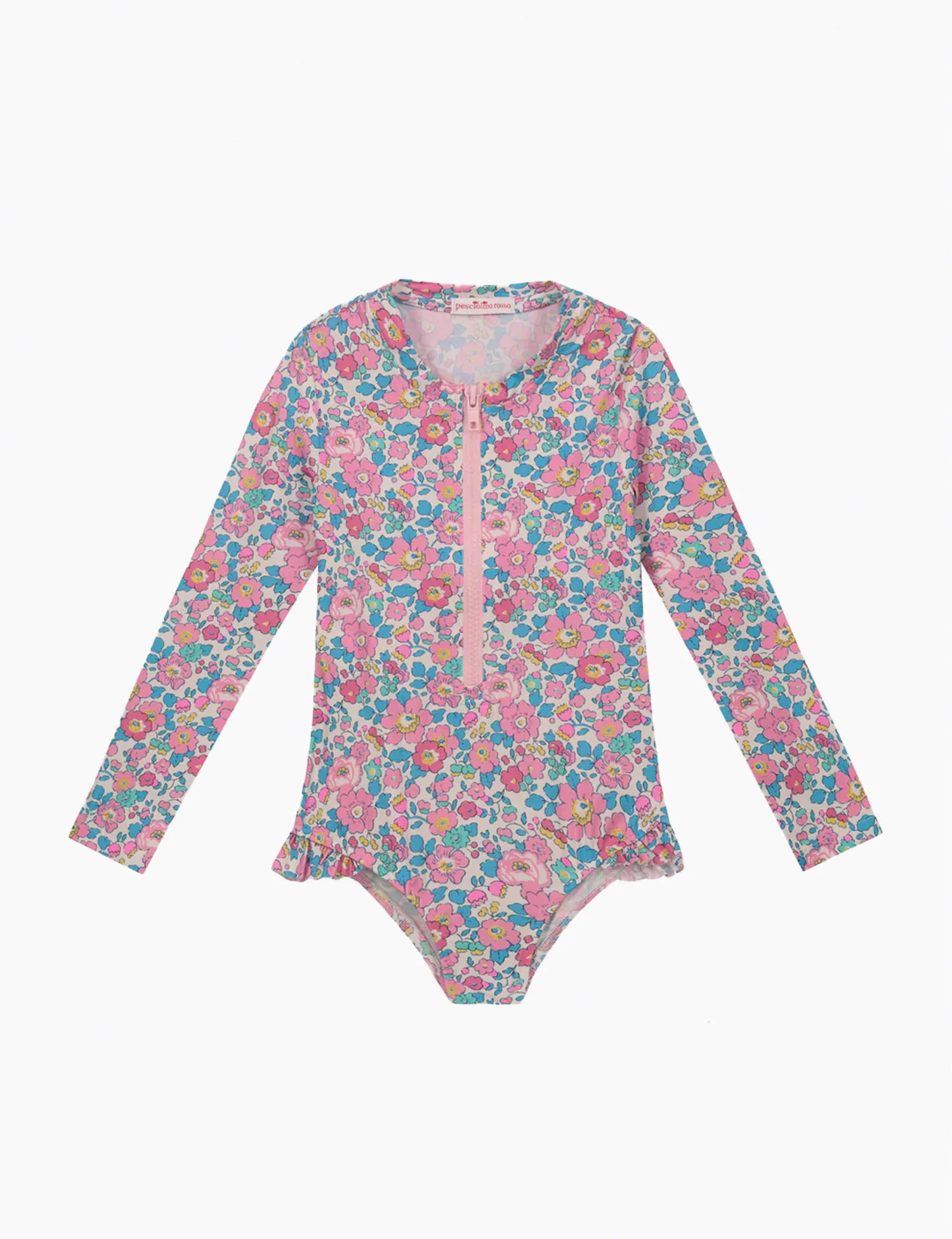Long-Sleeve Zip Swimsuit in Liberty Betsy Fluo Rosa Azzurro