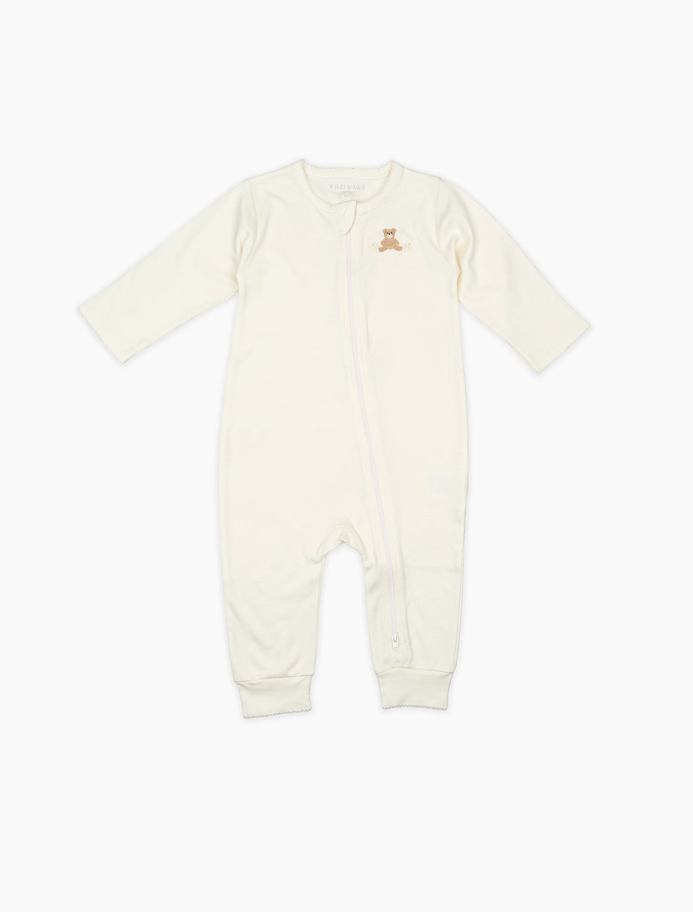 Pima Embroidered Footless Sleeper in Pearl Honey Bear