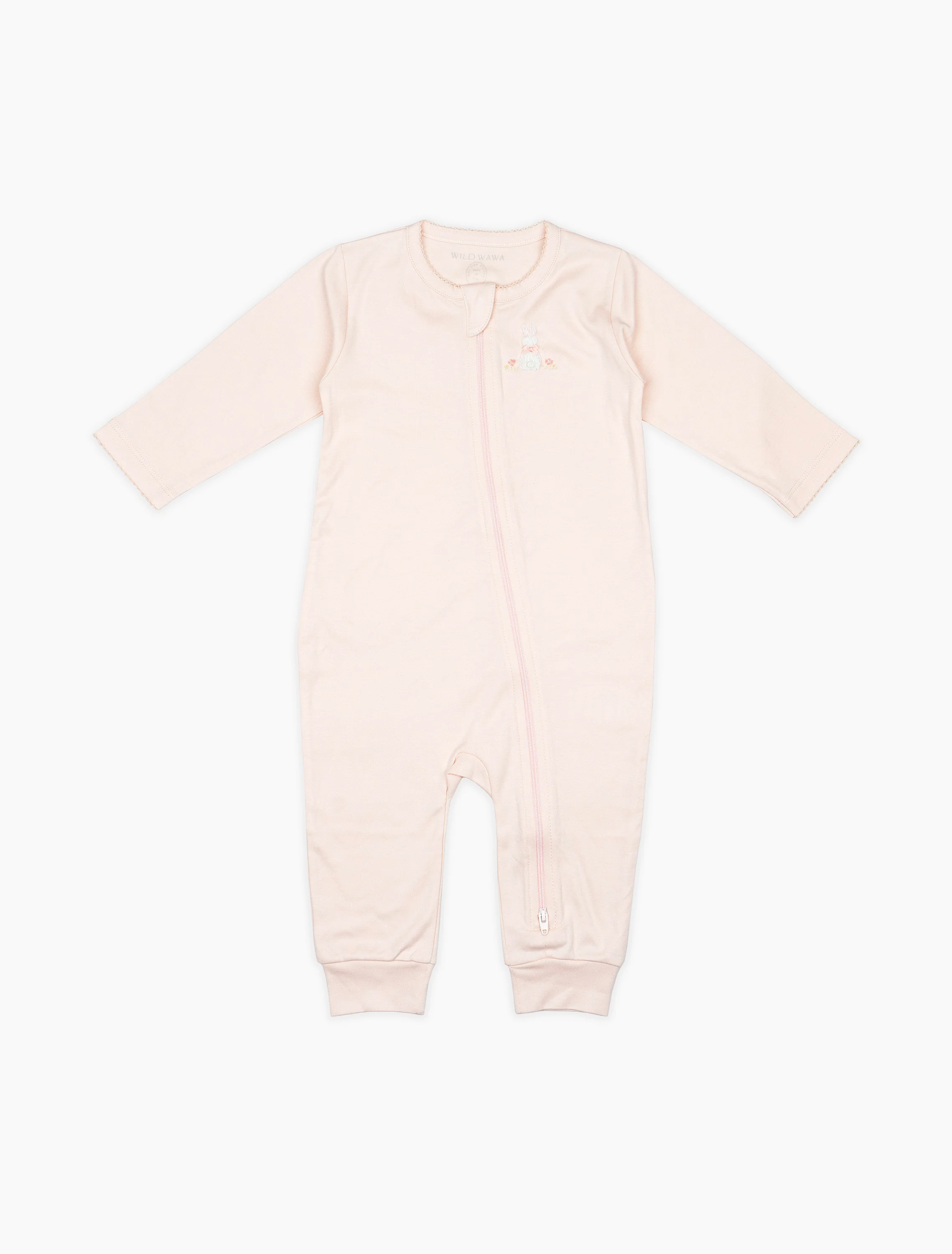 Pima Embroidered Footless Sleeper in Pink Bunny