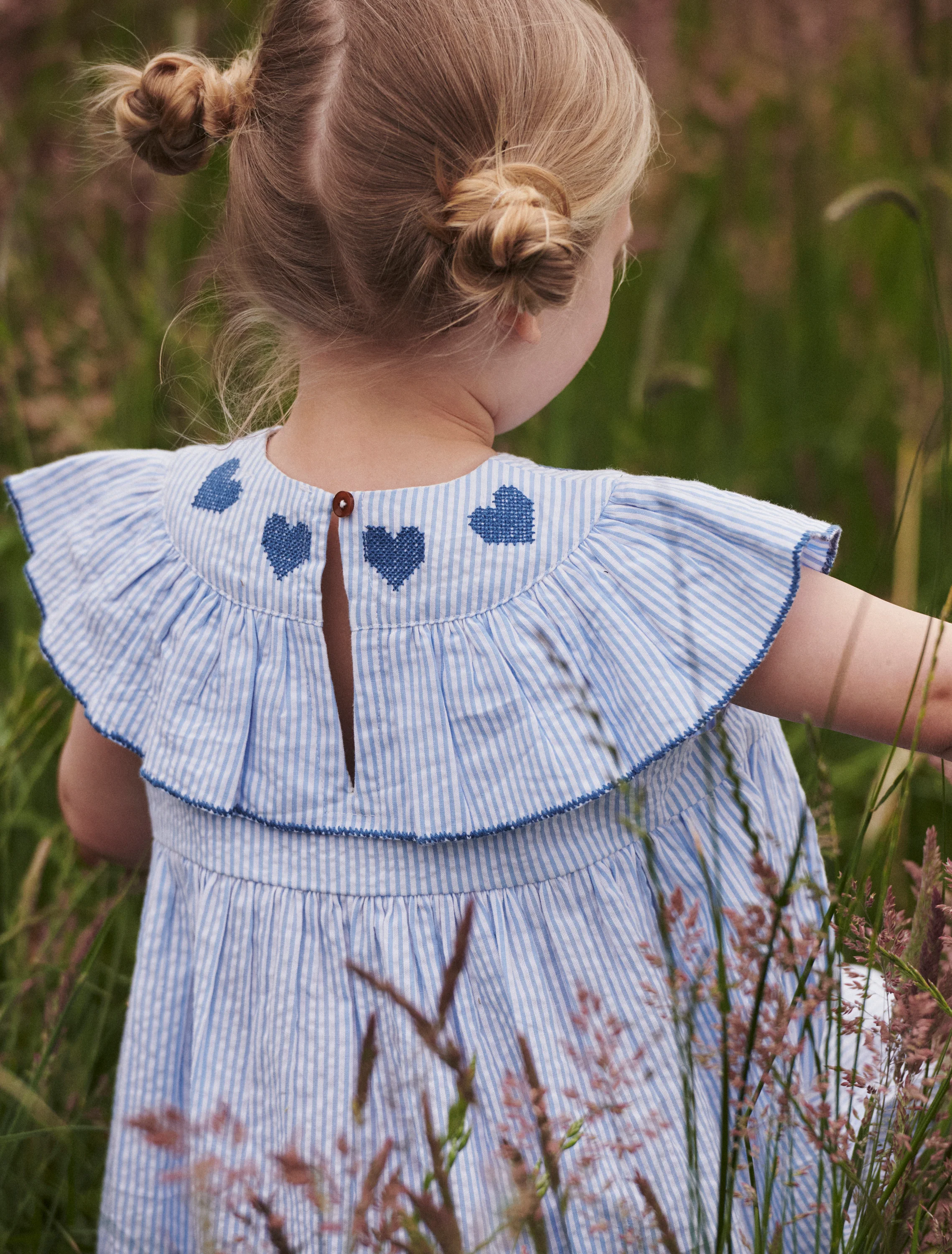 Seersucker Heart Dress in Sky Blue/Cream Stripe - Image 4