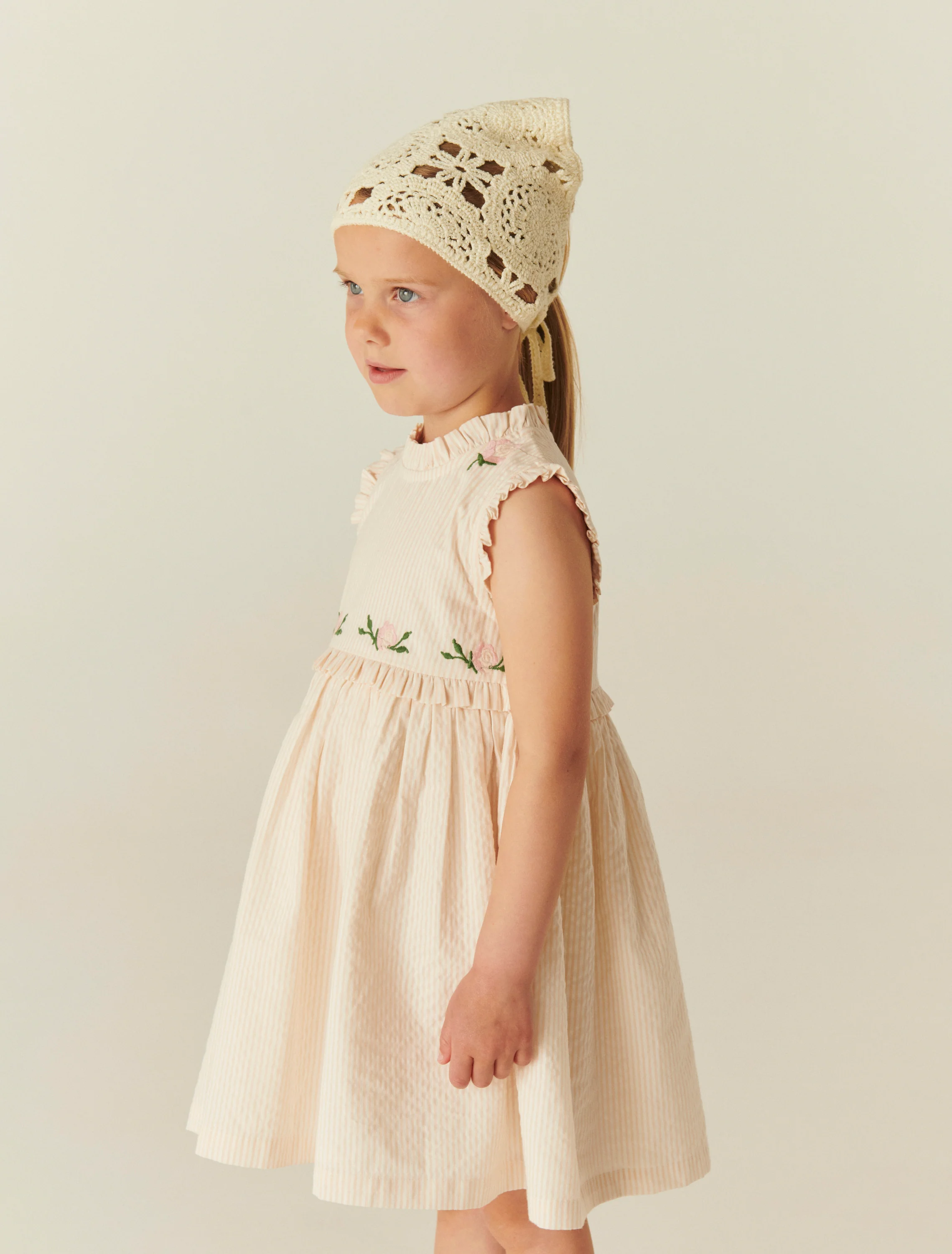 Seersucker Ruffle Dress in Dusty Rose/Cream Stripe - Image 3
