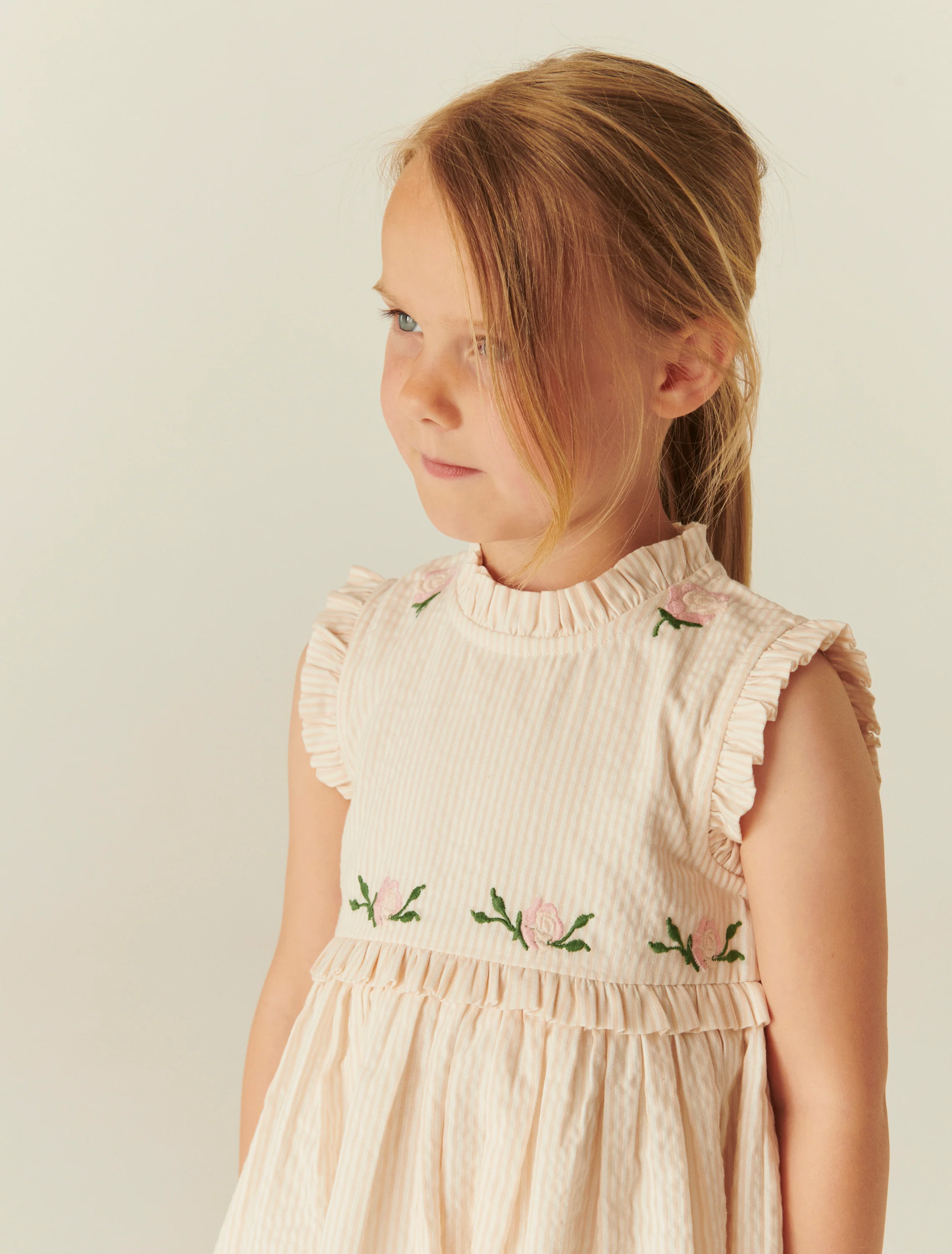 Seersucker Ruffle Dress in Dusty Rose/Cream Stripe - Image 4
