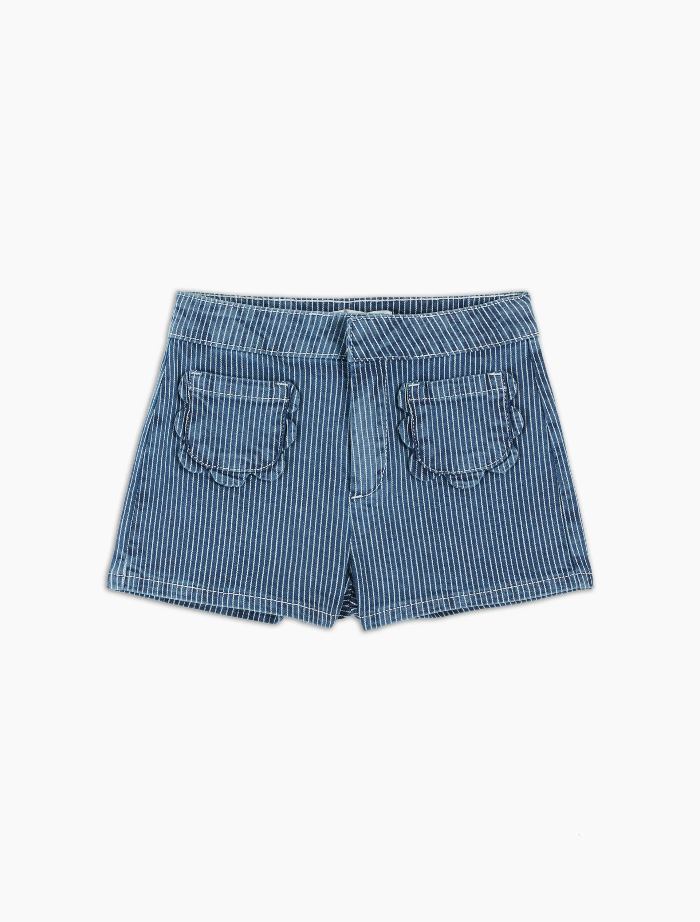 Striped Denim Flower Pocket Shorts in Denim Stripes